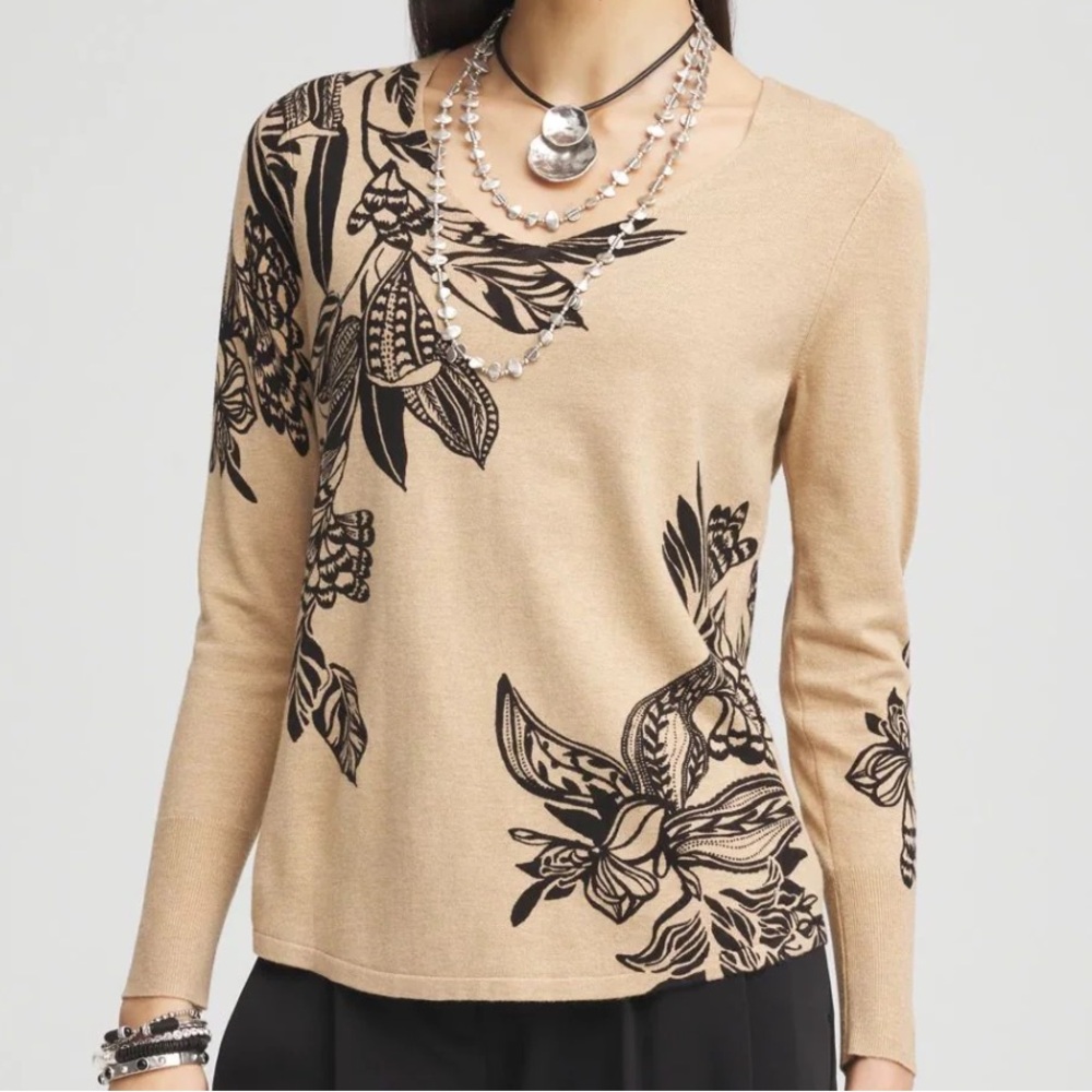 Chico’s V Neck  Floral Wild Truffle Long Sleeve Lightweight Sweater
